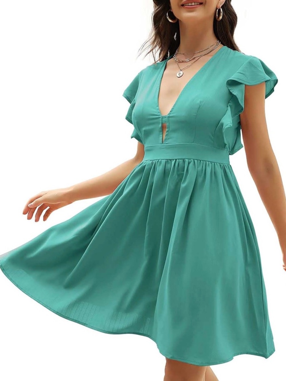 Fancyinn Teal Green V‑Neck Flutter Sleeve Mini Dress